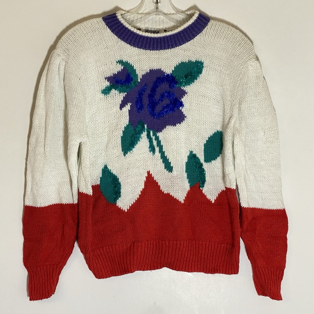 Vintage Bristol Court Sweater Womens Large Muticolor Blue Rose Floral Retro Bold